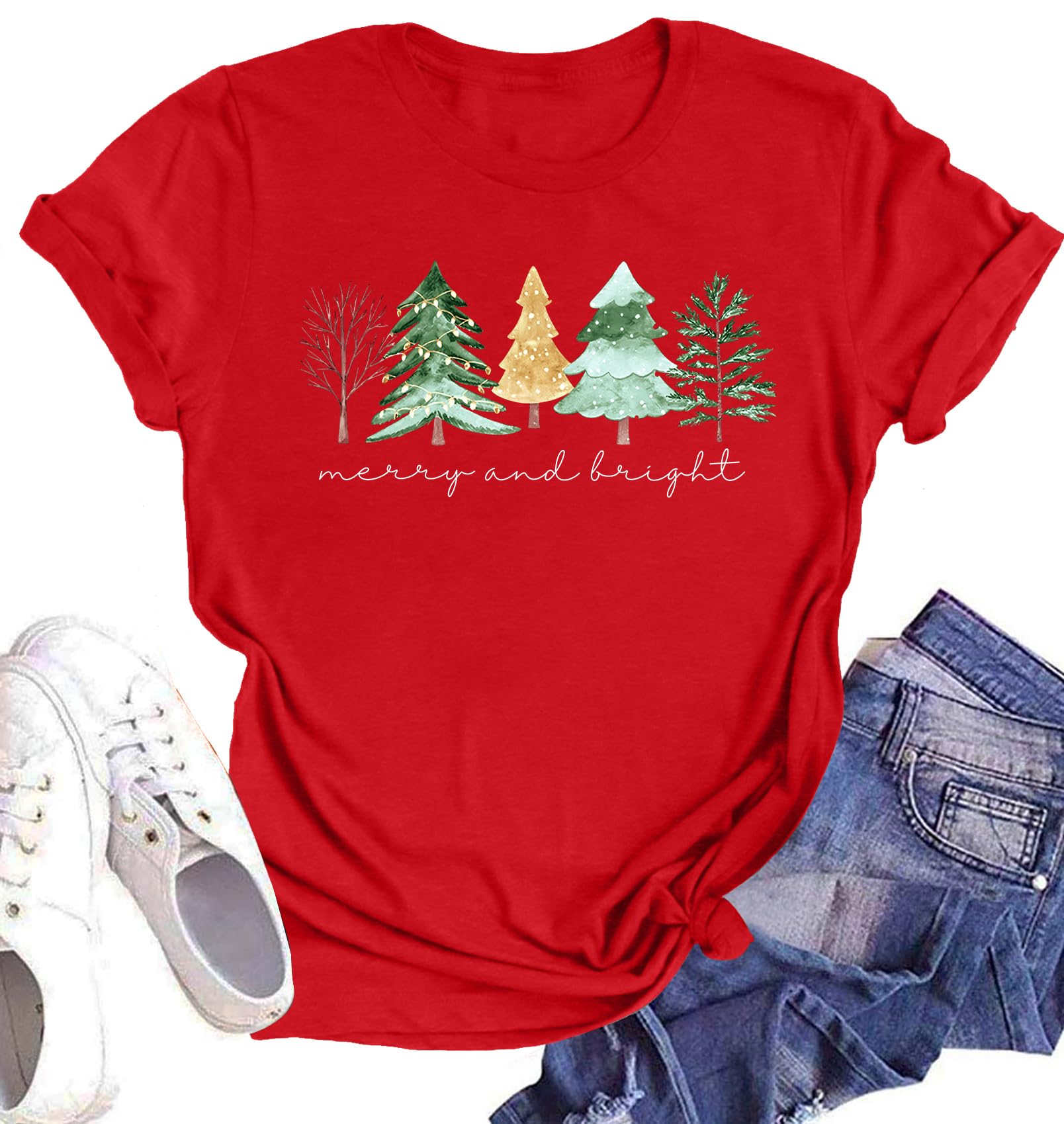 Believe Christmas Shirt for Women Christmas Tree Graphic T-Shirts Believe Letter Print Tees Holiday Tops
